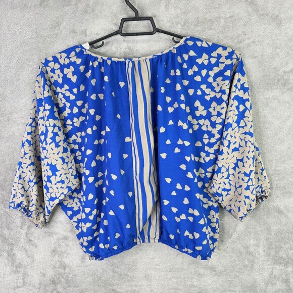 Womens Express Blue & Beige Heart Print Cropped Blouse Kimono Sleeve Polyester M - Picture 4 of 8